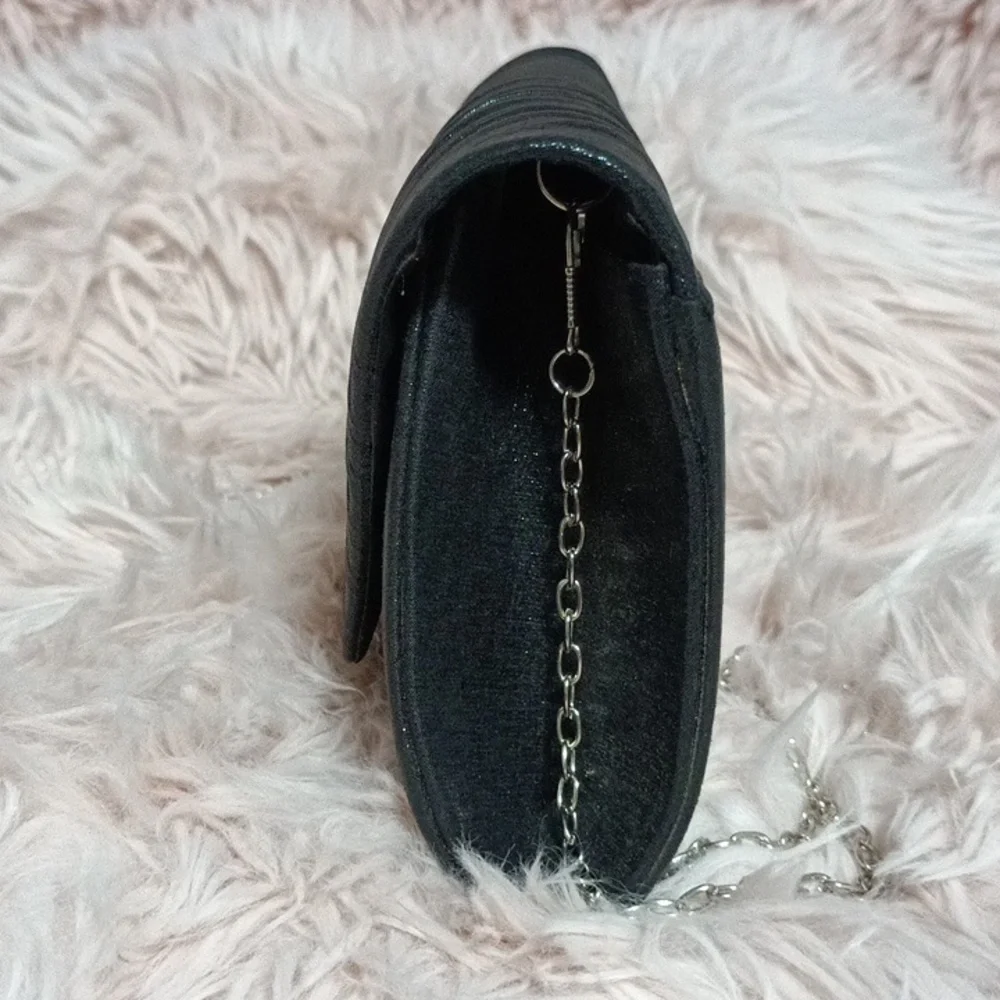 Shimmer Black Envelope Clutch Formal Chain Strap Handbag